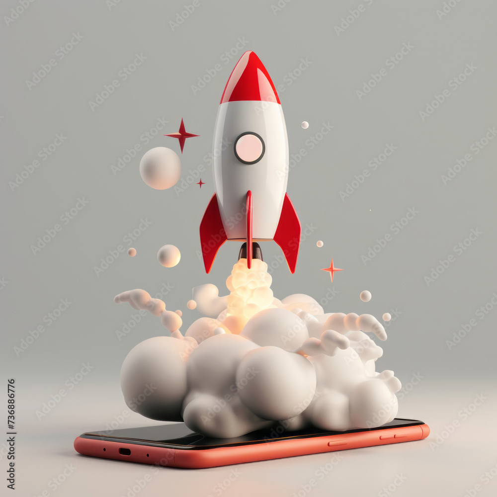 Graphic illustrations depict a rocket launch into space, with light gray and red colors, in a sculptural form, as part of an indoor still life. Graphic illustrations depict a rocket launch into space, with light gray and red colors, in a sculptural form, as part of an indoor still life.