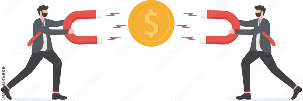 Business man holding a big magnet and attracting money. Investment attraction concept.
Business man holding a big magnet and attracting money. Investment attraction concept.