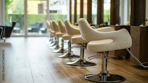 Modern salon chairs in a row on a wooden floor.