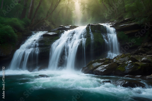 A landscape of a deep forest waterfall