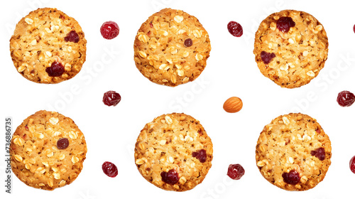 Set round, cereals integral whole wheat biscuit with oatmeal, with cranberry fruit and chopped hazelnut isolated on white,  photo