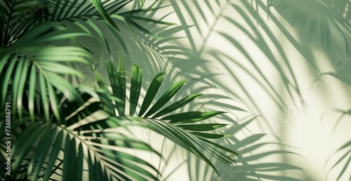 A shadow is cast on a wall by palm leaves  featuring a motion blur panorama  minimalist still life  minimalist and abstract shapes  and a matte background in light emerald and light beige.