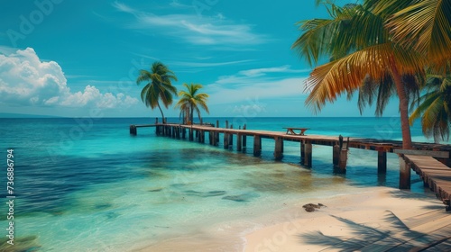  a pier on a tropical beach with palm trees in the foreground and clear blue water in the foreground.