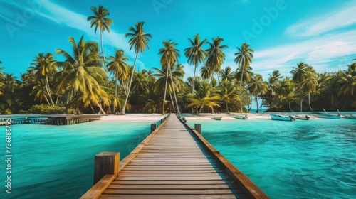  a painting of a pier leading to a beach with boats in the water and palm trees on both sides of the pier.