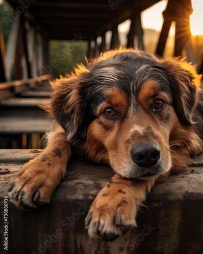  a close up of a dog laying on top of a wooden bench with the sun shining down on it's face.