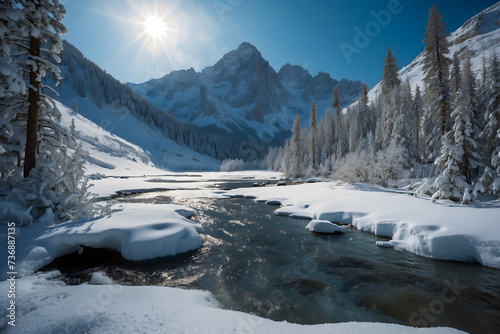 A beautiful landscape of a snowy mountain and streams