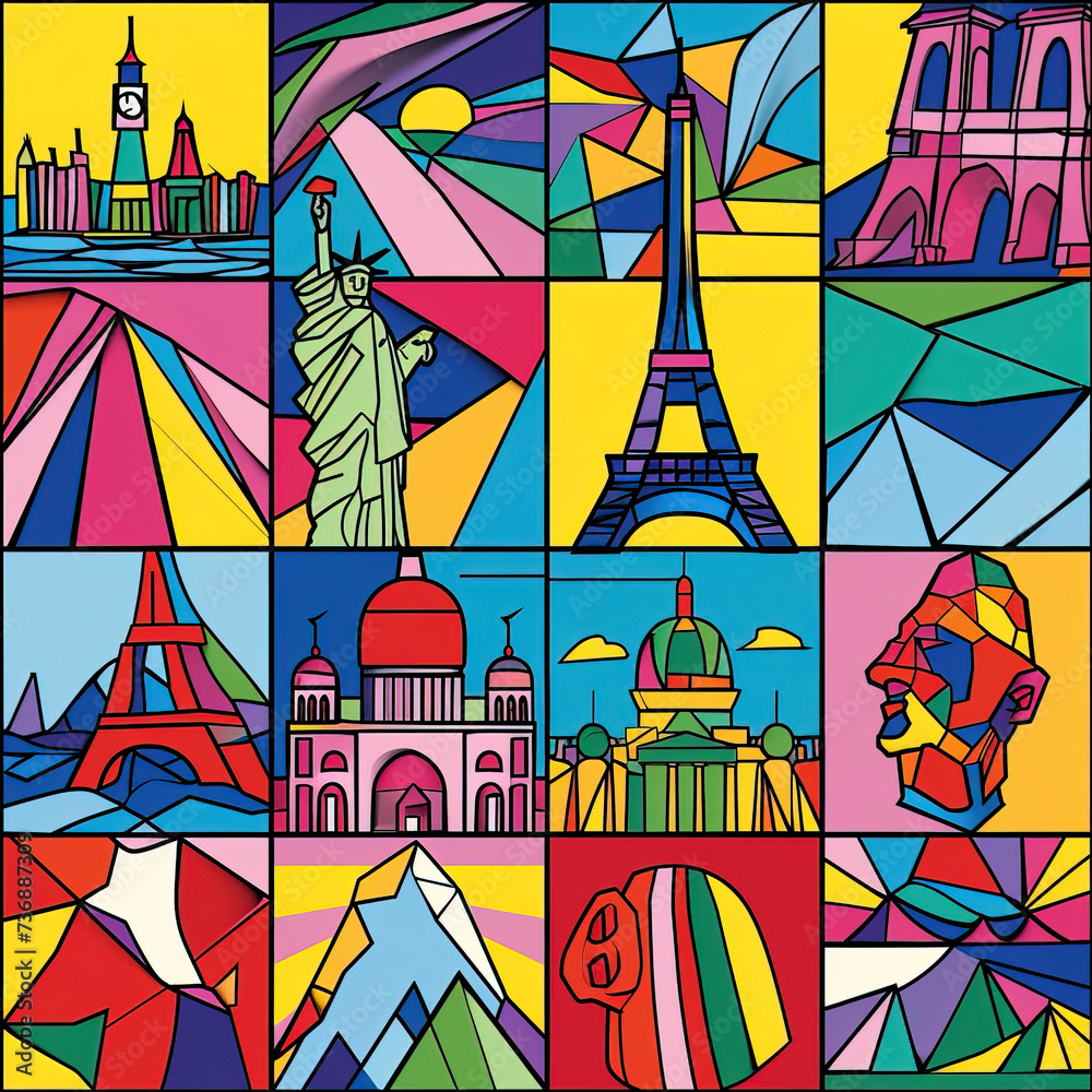 Travel themed collage origami colorful pop art line art scrapbook moodboard seamless repeat pattern, Europe, USA, world, abstract, cubism