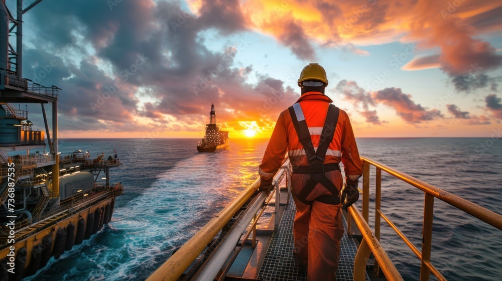 Close up of Offshore oil rig worker walks to an oil and gas facility to work in the process
