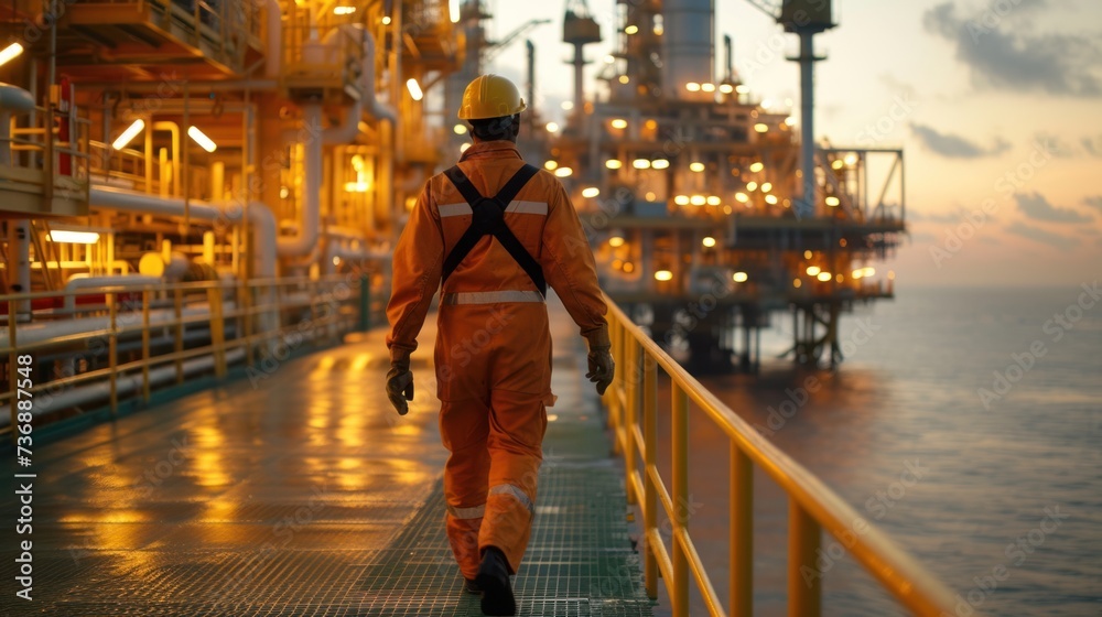 Close up of Offshore oil rig worker walks to an oil and gas facility to work in the process Close up of Offshore oil rig worker walks to an oil and gas facility to work in the process