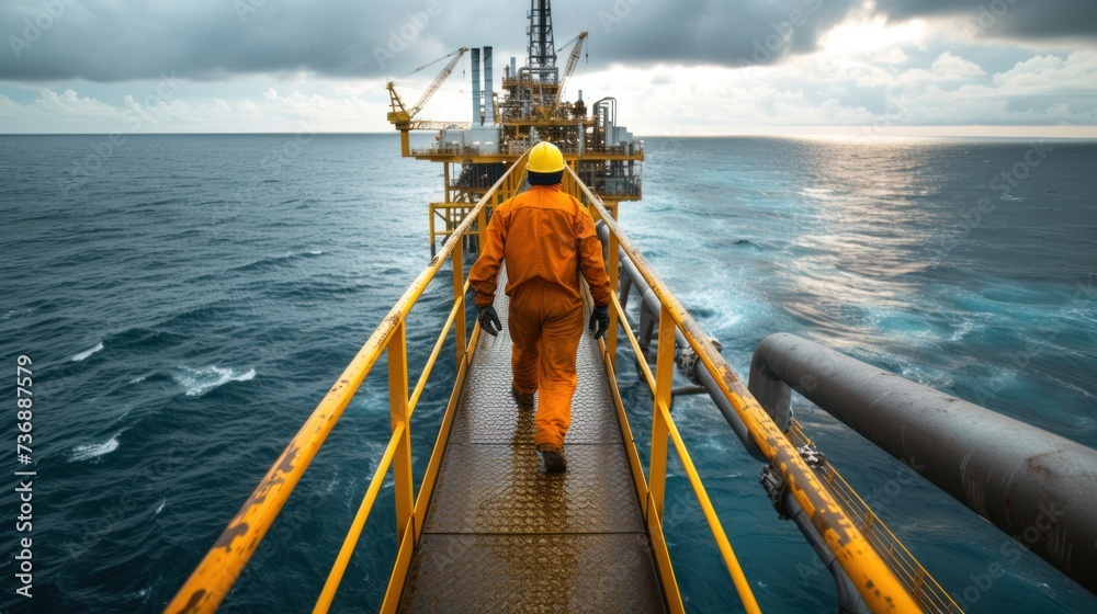 Close up of Offshore oil rig worker walks to an oil and gas facility to work in the process Close up of Offshore oil rig worker walks to an oil and gas facility to work in the process