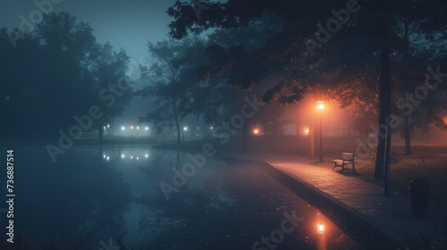  a foggy night in a park with a bench and lampposts on the side of a lake with a bench in the foreground. photo