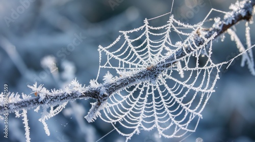  a close up of a spider web on a branch of a tree with frost on the leaves and drops of dew on the branches.