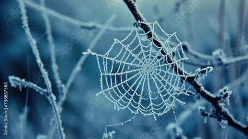  a close up of a spider web on a tree branch with ice on the drops of the spider's web. photo