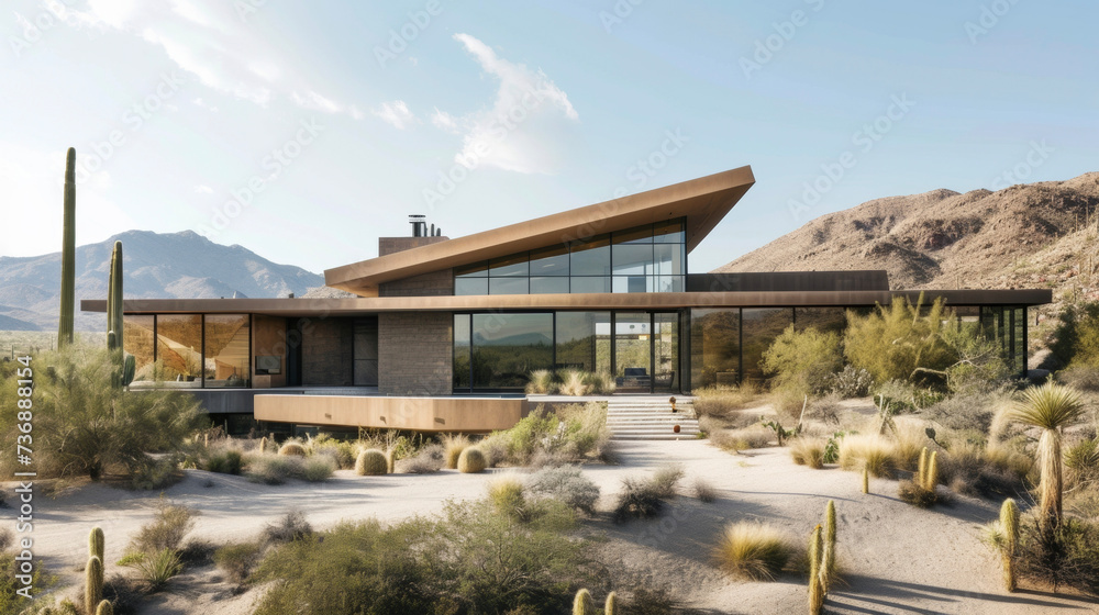 A striking home seamlessly integrated into a sprawling desert landscape its sandcolored exterior and use of earth tones making it almost invisible.