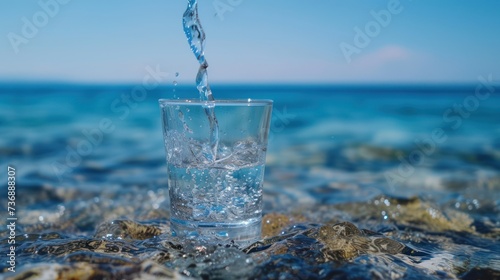  a glass filled with water sitting on top of a rock next to a body of water with a blue sky in the background.