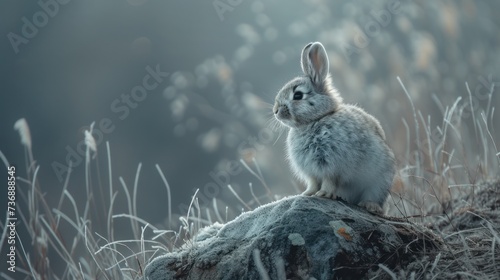  a small rabbit sitting on top of a rock in the middle of a field of tall grass with a blurry background.