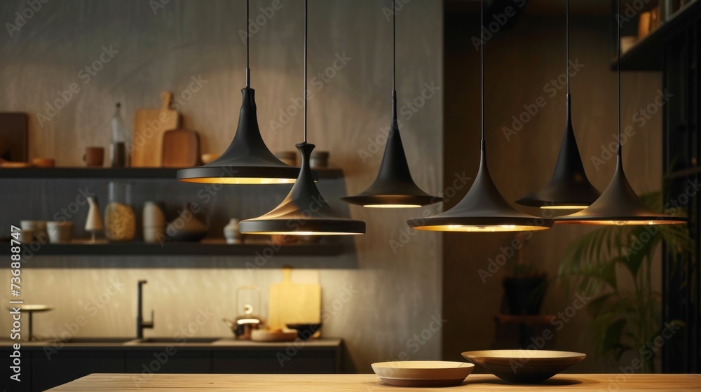 a number of lights hanging from a ceiling above a table in a room with shelves and a potted plant. a number of lights hanging from a ceiling above a table in a room with shelves and a potted plant.