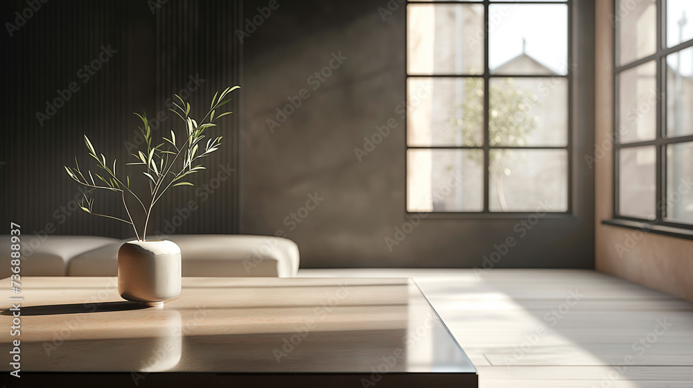 Fototapeta premium A modern living room, industrial style, black wall, dried flowers and a wooden table.