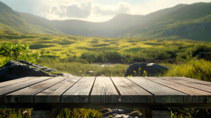 Leinwandbilder Khaki Wooden table or platform with natural landscape in the background for product presentation and advertising.  © ARTwithPIXELS