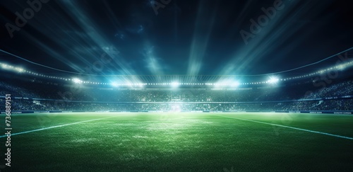 A large football stadium with green grass and spotlights from above. generative AI photo