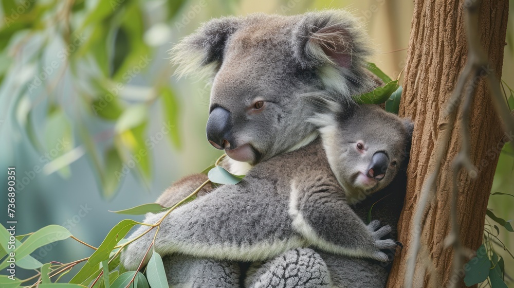 a couple of koalas sitting on top of a tree next to a leafy green tree branch in a forest. a couple of koalas sitting on top of a tree next to a leafy green tree branch in a forest.
