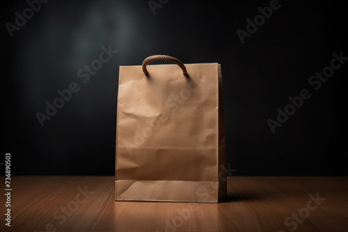 Paper bag with a handle on the wooden table. Brown ecological recyclable bag mock-up. Packaging template for product design, branding, and display. Generative AI 