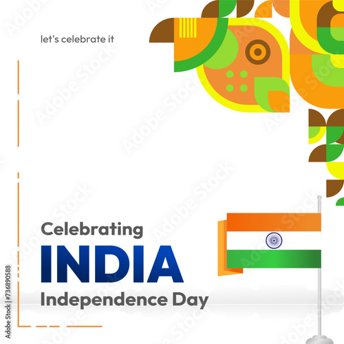 Indian Independence Day banner in colorful modern geometric style. Square greeting card cover Happy national independence day with typography. National holiday celebration party background