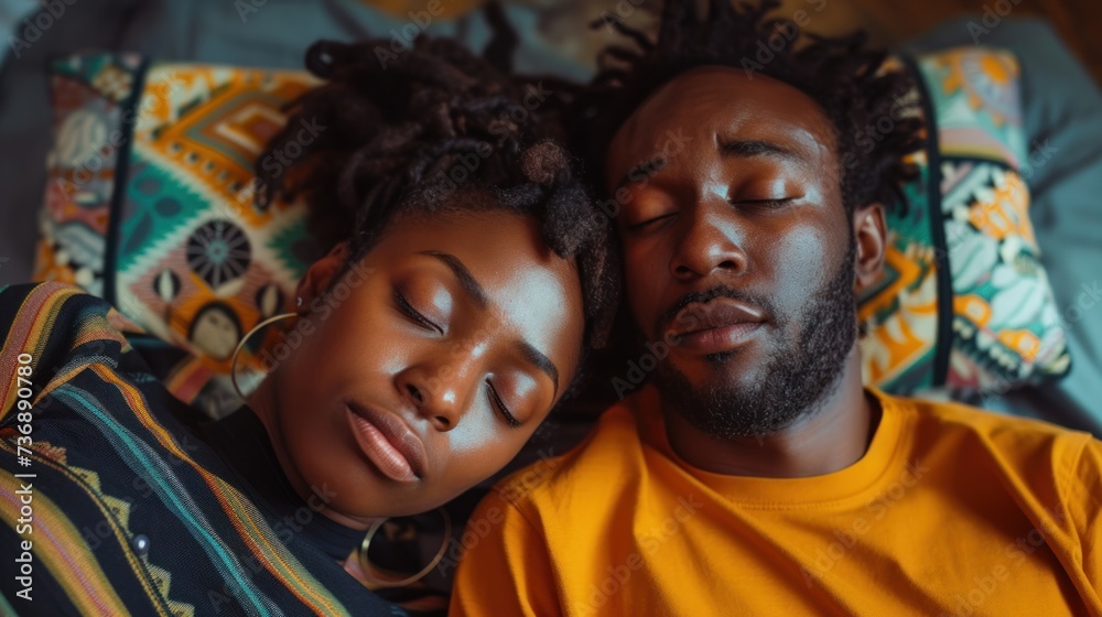 Sleepy black couple missed alarm ring in the morning indoor Sleepy black couple missed alarm ring in the morning indoor