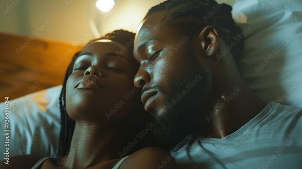 Sleepy black couple missed alarm ring in the morning indoor Sleepy black couple missed alarm ring in the morning indoor