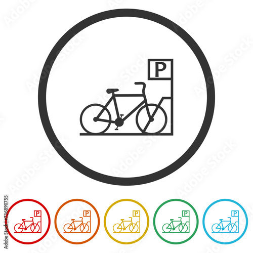 Bicycle parking icon with a bike. Set icons in color circle buttons