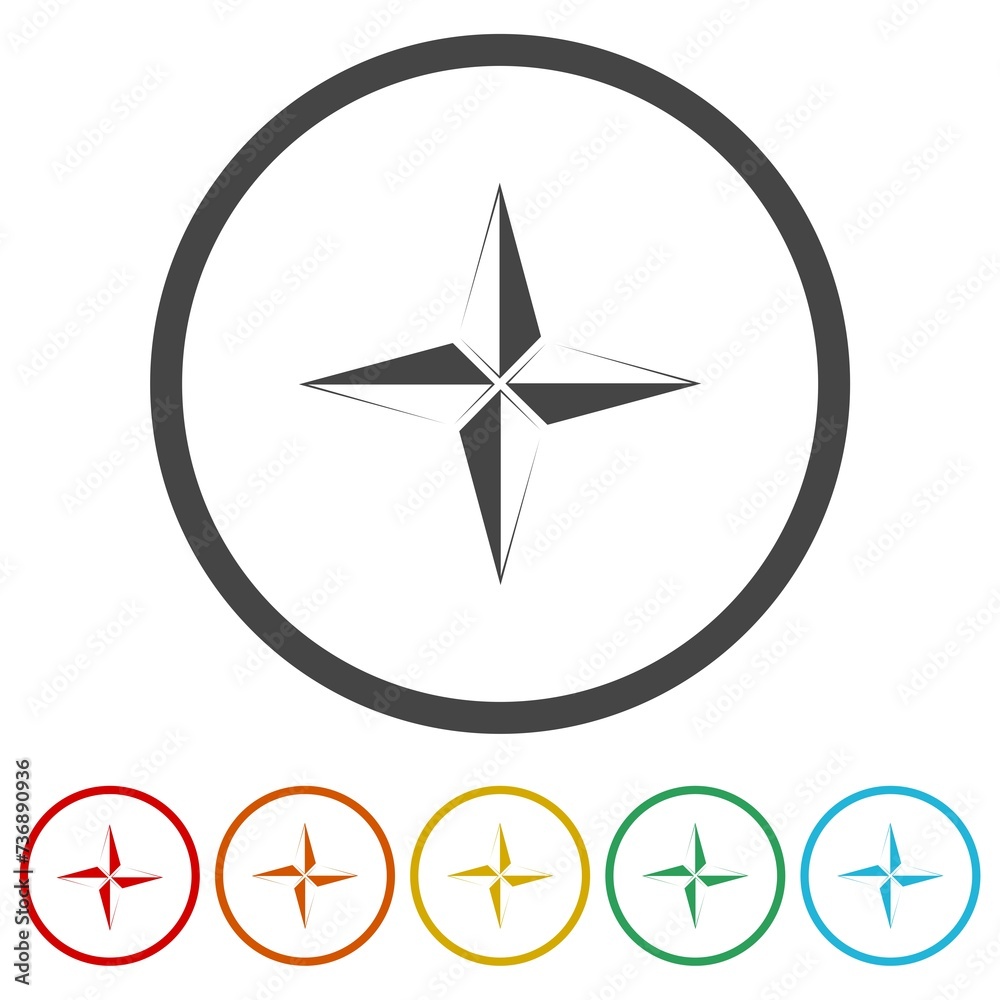 Wind rose compass icon. Set icons in color circle buttons Wind rose compass icon. Set icons in color circle buttons