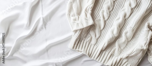 A white sweater with a sleeve draped over a white cloth on wooden flooring, showcasing a pattern of feathers. The gesture reflects sportswear fashion design with a touch of elegance