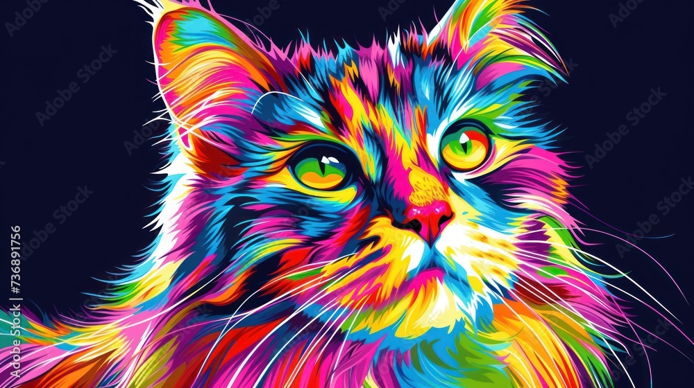 a close up of a colorful cat's face on a black background with a blue sky in the background. a close up of a colorful cat's face on a black background with a blue sky in the background.