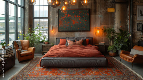 A of exposed light bulbs suspended from the ceiling creates a unique and edgy statement piece in an industrialinspired bedroom.