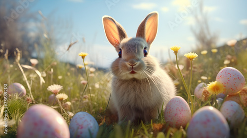 Easter bunny with colorfully colored Easter eggs in the field - greeting card - Easter eggs colorfully painted by children © DigitalDreamscape