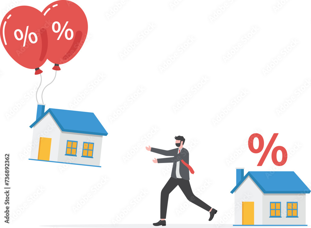Real estate inflation,Businessman running to prevent inflation from Rising house prices house floats in balloon vector
Real estate inflation,Businessman running to prevent inflation from Rising house prices house floats in balloon vector