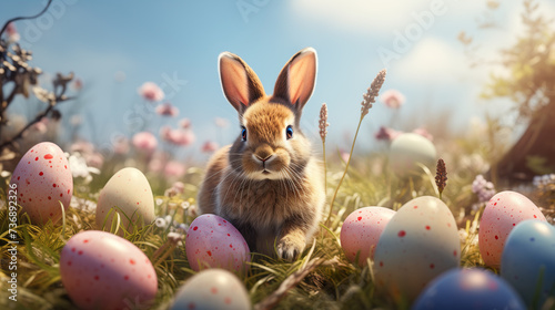 Easter bunny with colorfully colored Easter eggs in the field - greeting card - Easter eggs colorfully painted by children