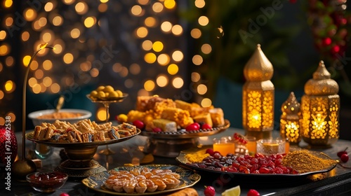 A richly decorated table with traditional Ramadan sweets and dates under the soft glow of decorative lights. 8K