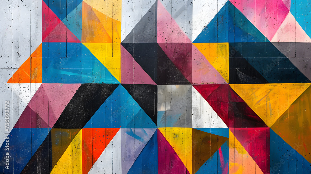 A vibrant mural painted on a concrete wall, featuring an array of colorful geometric triangles that create a visually captivating and modern pattern. AI A vibrant mural painted on a concrete wall, featuring an array of colorful geometric triangles that create a visually captivating and modern pattern. AI