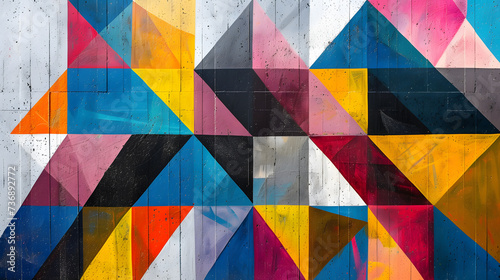 A vibrant mural painted on a concrete wall  featuring an array of colorful geometric triangles that create a visually captivating and modern pattern. AI