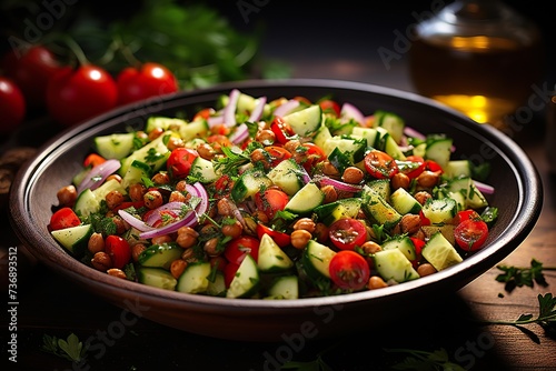 stylist and royal Chickpea salad with tomatoes, cucumbers, onions and olive oil on a wooden background © biswajit