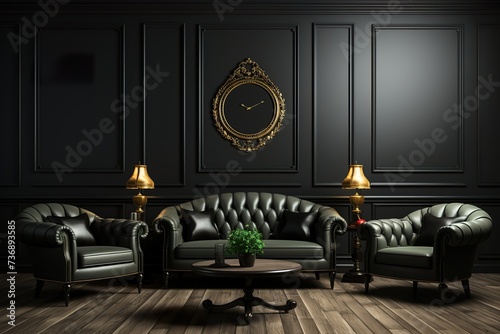 stylist and royal Classic black modern interior empty room with lounge armchairs, table and mirrors, space for text, photo