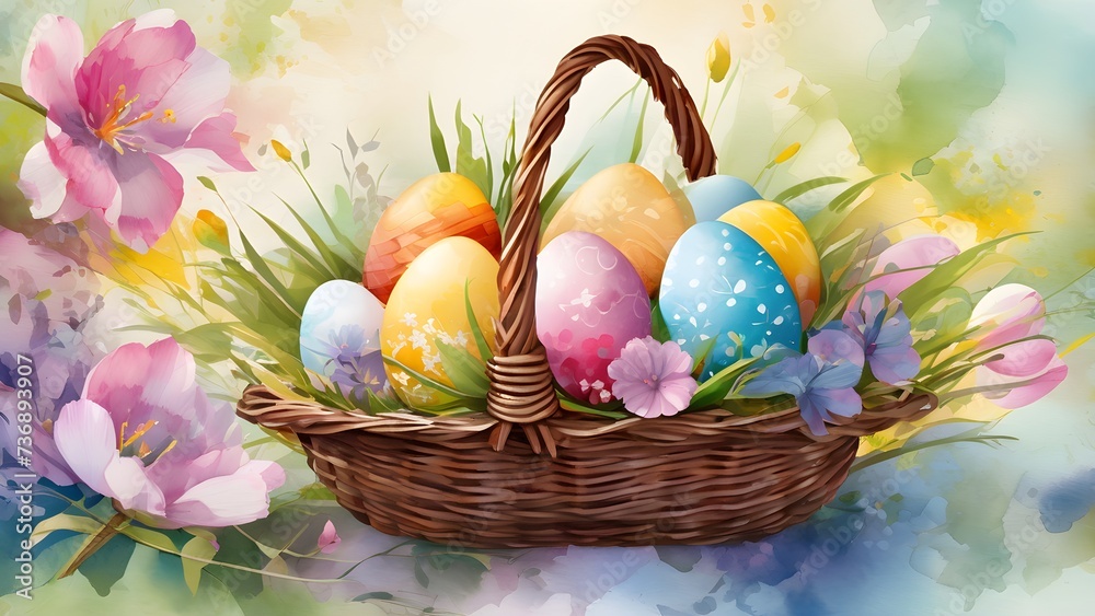 Easter eggs in a basket. Watercolor art