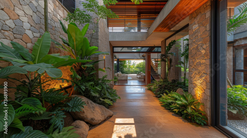 Immerse yourself in the beauty of biophilic design at this breathtaking private residence featuring a stunning stone exterior and an interior adorned with natural wood and