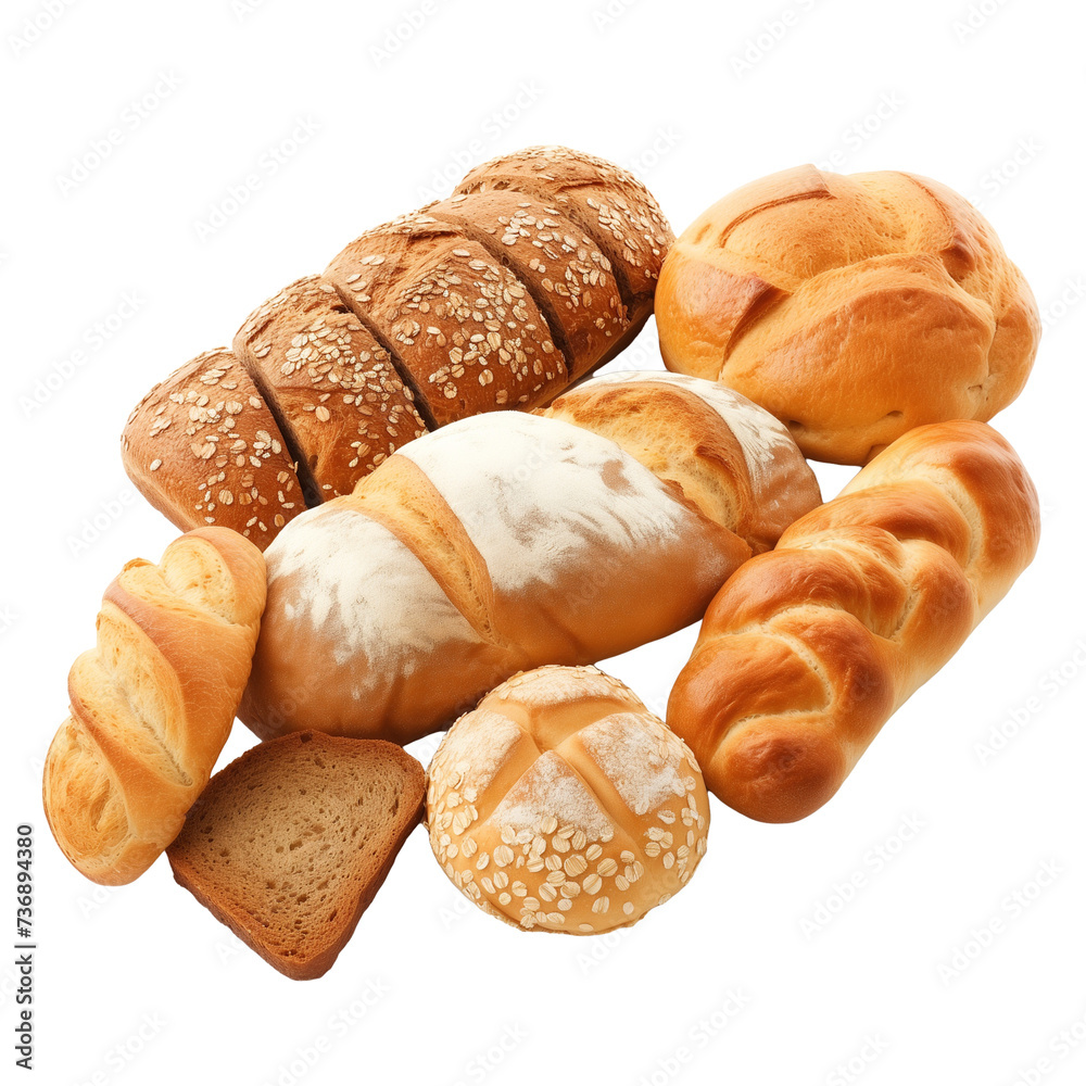 Assortment of fresh baked bread isolated on transparent background.