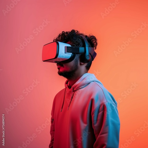 Indian Young Adult Guy Wearing VR Headset, Enjoying Virtual Reality Experience on Peach Colored Background with Neon Studio Lighting. Square Photo Portrait with Empty Copy Space