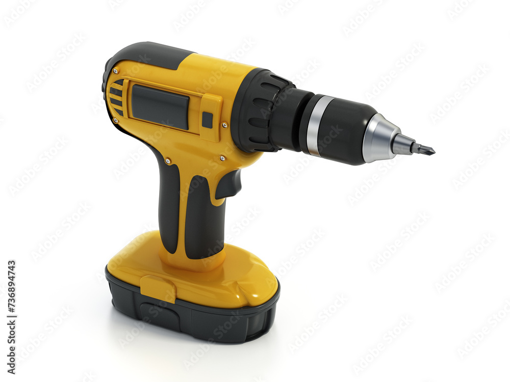 Rechargeable cordless drill isolated on white background. 3D illustration