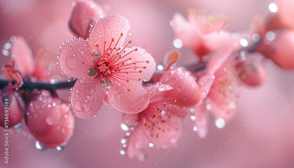 Dew-kissed peach blossoms display their delicate beauty against a gentle, blurred pink backdrop.