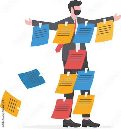 Too many ideas, overworked or busy schedule and reminders, procrastination or multi-tasking workaholic concept, busy tried businessman cover with adhesive reminder sticky notes on him.

