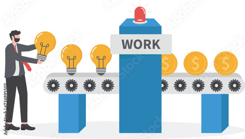 Money vs ideas Marketing , businessman and man throwing bulb into machine to convert idea into gold coins flat vector illustrator.

